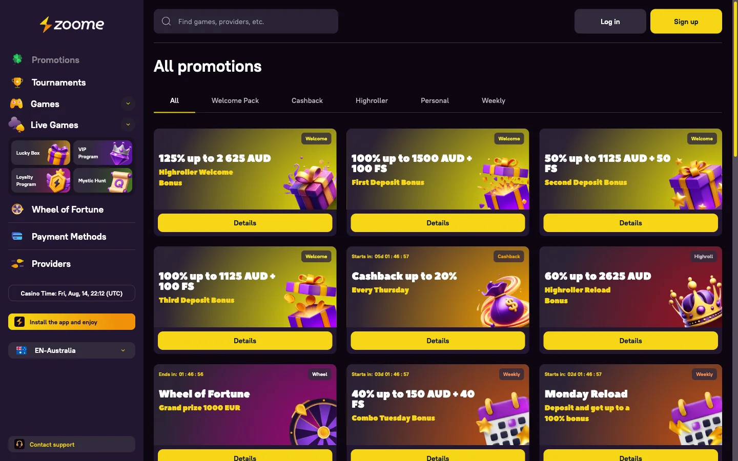 Zoome Casino promotions page listing cashback and reload bonuses in Australian dollars