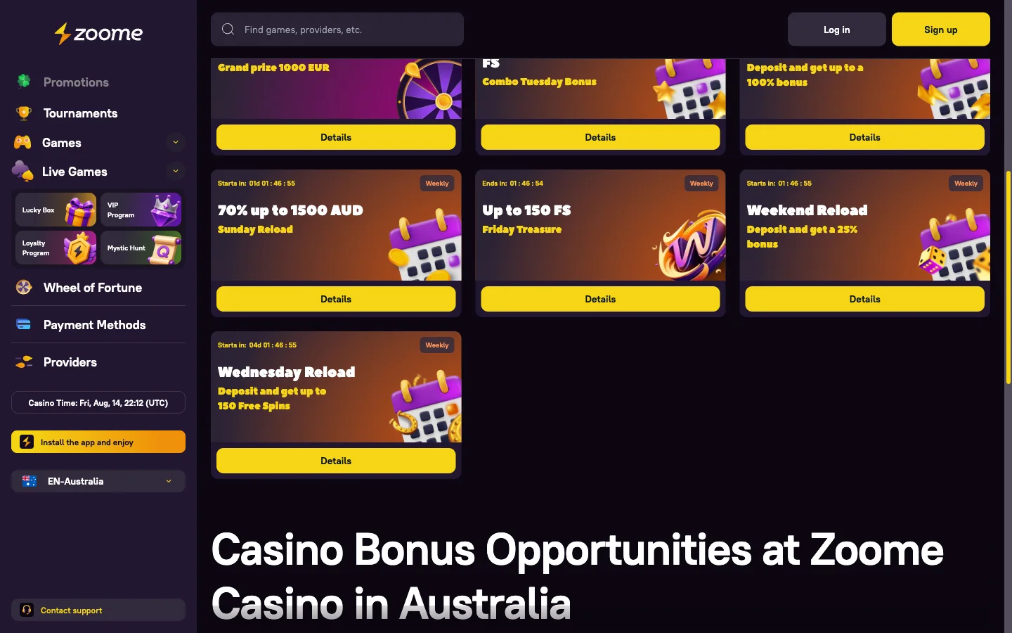 Zoome Casino promotion detail page showing free spins terms for Australian players